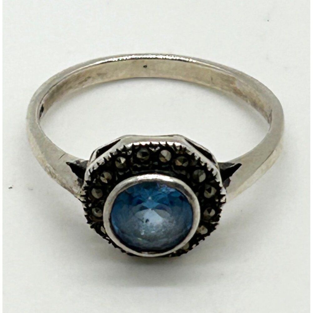 Vintage Sterling Silver Ring Blue Stone Marcasite Art Deco Revival1980s Size 7 - Picture 7 of 12